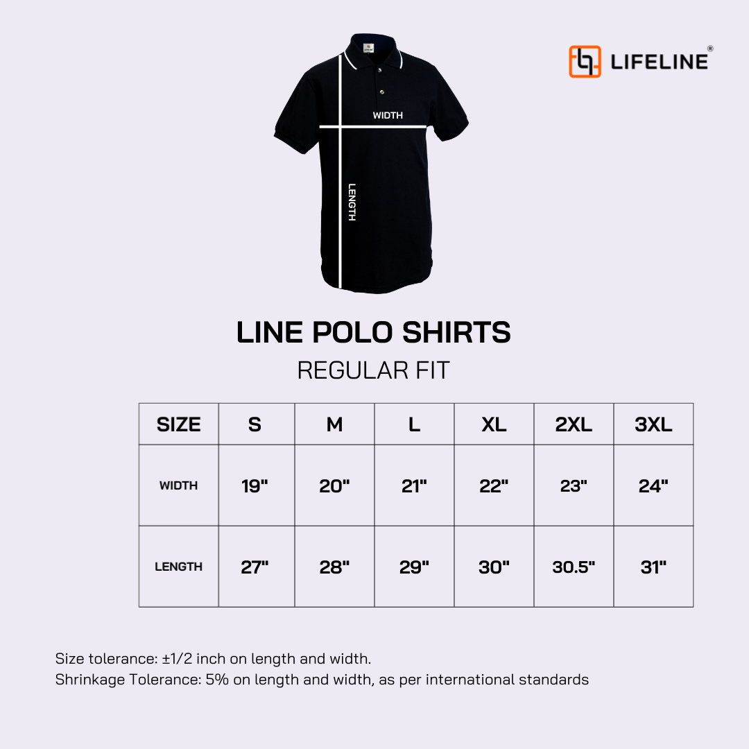 Lifeline Line Polo Shirt Size Chart