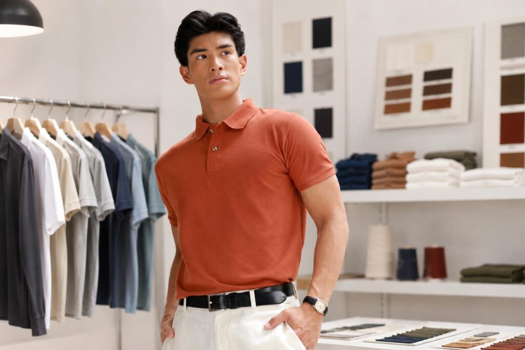 Male model wearing a rust polo shirt in a clothing showroom with hanging shirts and fabric swatches.
