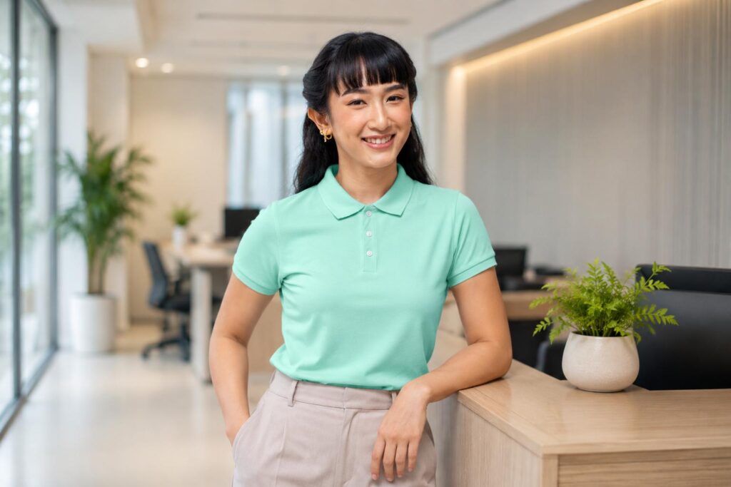 Female model wearing a mint green polo shirt in a modern office setting.