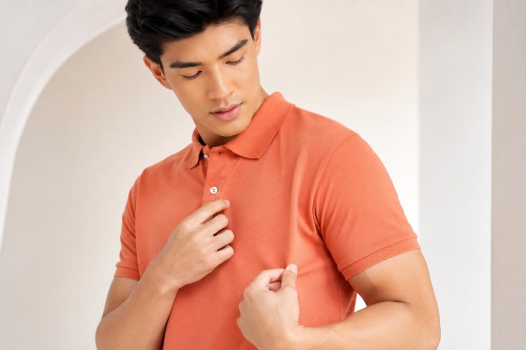 Male model wearing a rust orange polo shirt and adjusting the collar buttons.