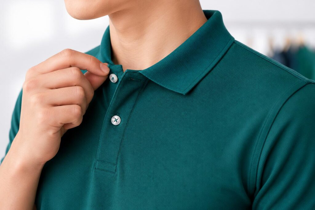 Close-up of a green polo shirt collar, buttons, stitching, and fabric texture.