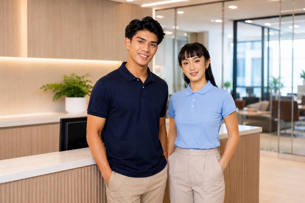 Male and female models wearing navy blue and light blue Lifeline polo shirts at an office reception area.
