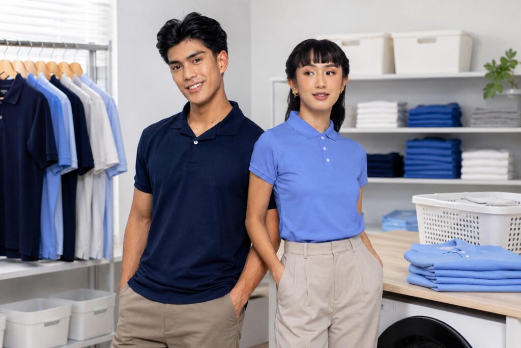 Male and female models wearing navy blue and light blue polo shirts in a laundry room with folded shirts and hanging uniforms.