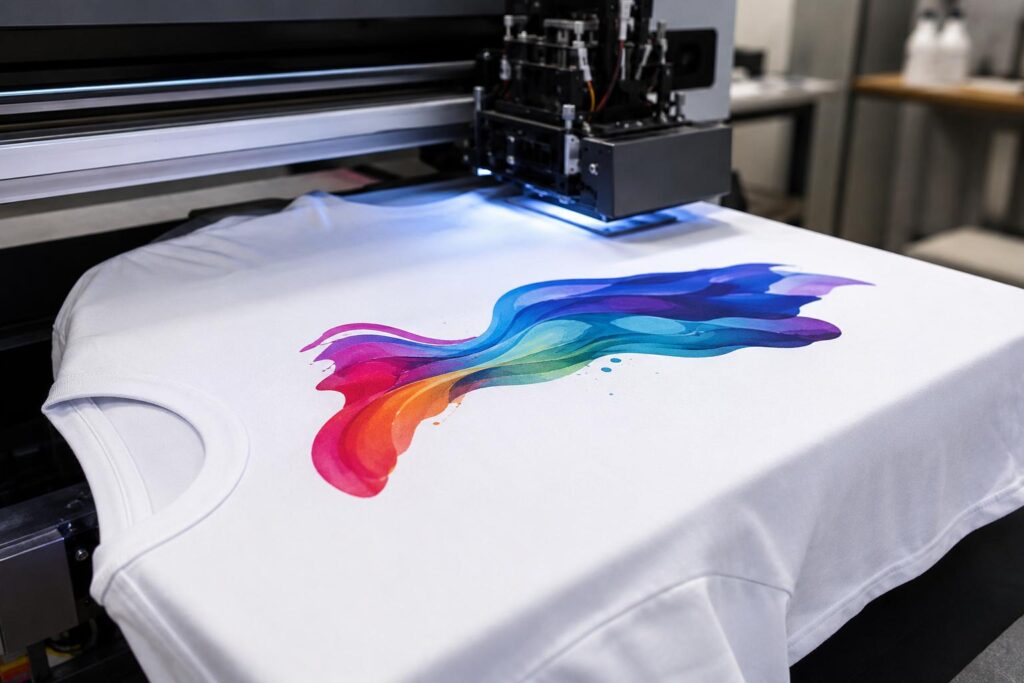 Printing machine applying a colorful design onto a white shirt