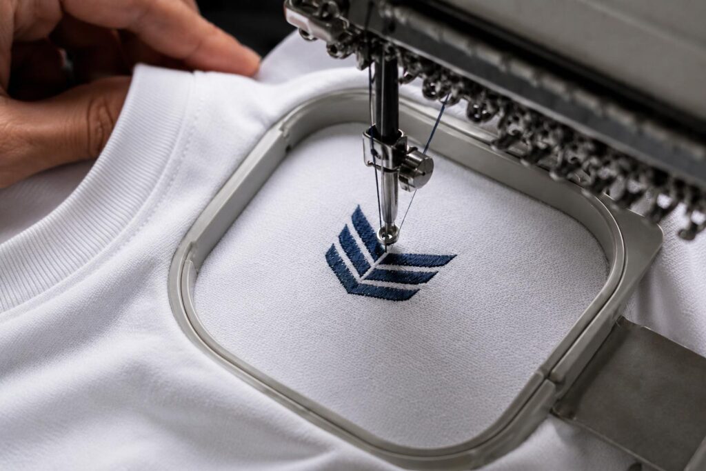 Embroidery machine stitching a design onto a white shirt