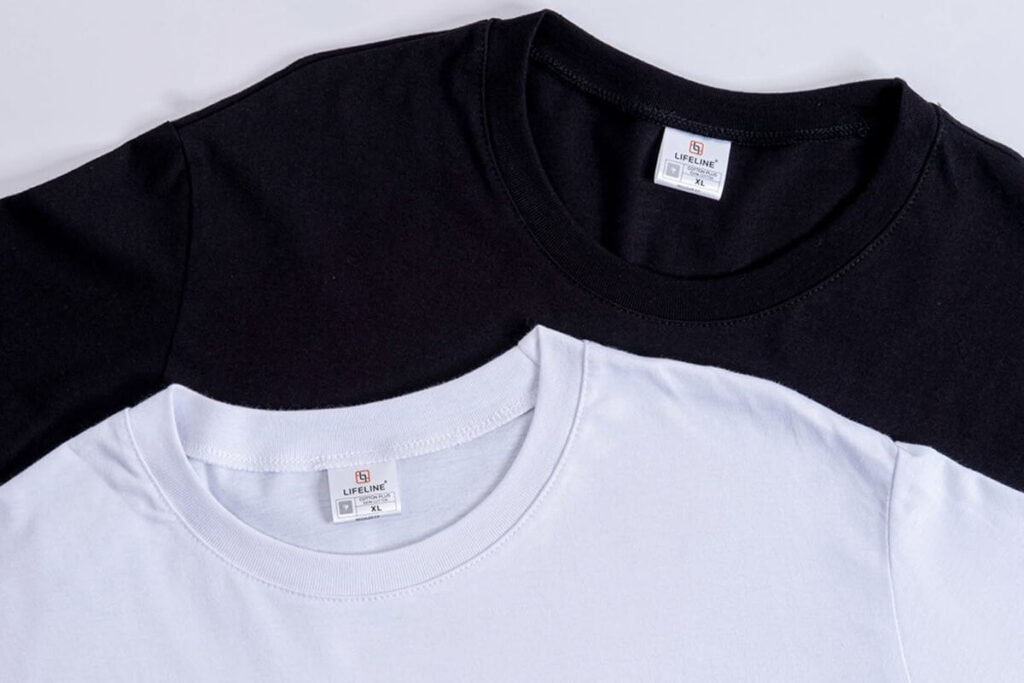 Black and white Lifeline round neck shirts showing collar and fabric details