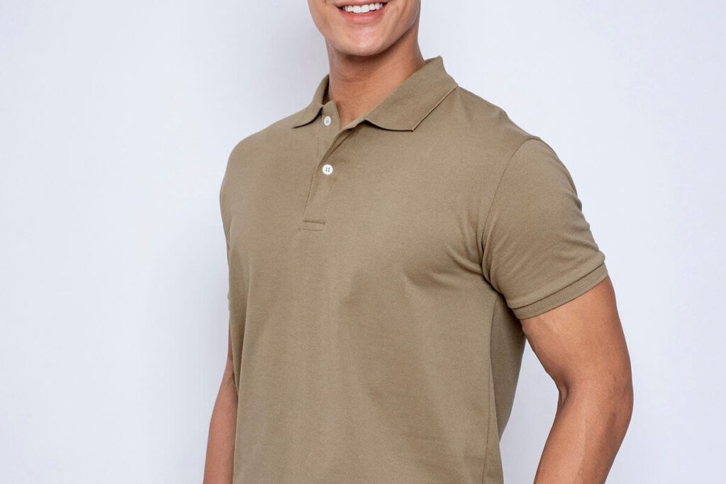 Male model wearing a khaki Lifeline polo shirt showing its collar, sleeve fit, and fabric texture